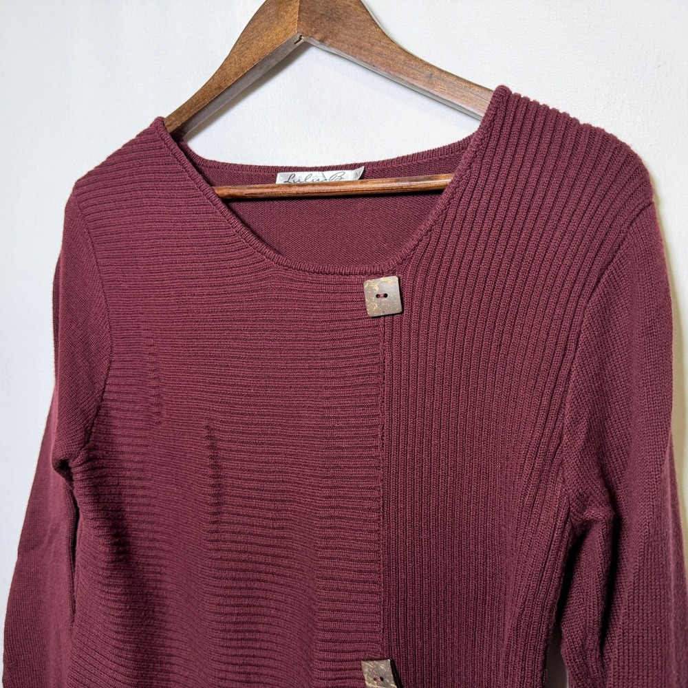Lulu-B Womens Burgundy Mixed Rib Knit Sweater Square Button Accent Size M
